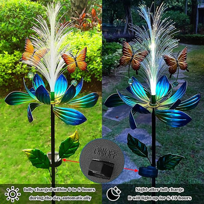 Solar Garden Wind Spinner, Blue Metal Lotus Flower with LED Lights, Butterfly Decorative Stake for Yard, Patio, Lawn