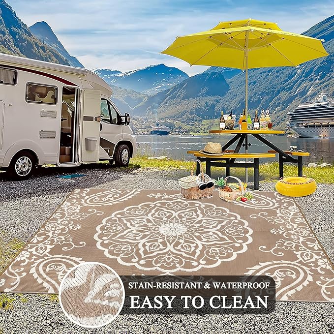 Pauwer Waterproof Outdoor Rug 9x12, Reversible Plastic Straw Patio Camping Rug, Indoor Outdoor RV Mat Carpet for Deck, Camper, Porch, Balcony, Backyard, Picnic, Boho Brown