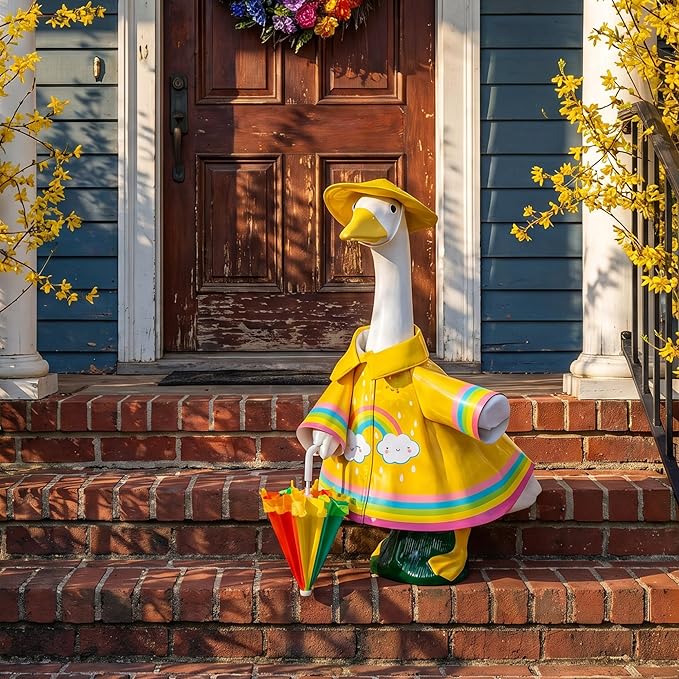 DECOHS 3 Pcs/Set Raincoat Porch Goose Outfits, Summer Lawn Goose Statue Raincoat Costume, Yard Goose Clothes Raincoats Umbrella Hat Outfit for 23" Statue Patio Garden Decoration (Yellow Rainbow)