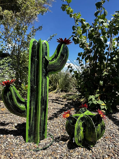 Colorful Metal Saguaro Cactus with Flowers - Handmade Garden Decor (Green)