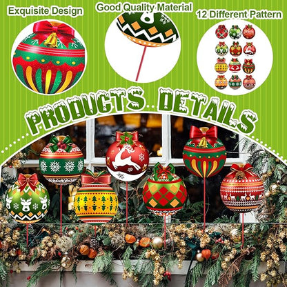 Zonon 12pcs Winter Garden Decorations Winter Snowflake Metal Planter Stakes for Patio Lawn Planter Pot Xmas Nutcracker Gingerbread Yard Stake Signs Outdoor Lawn Decor Party Favor(Ball)