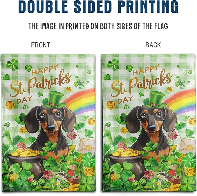 Dachshund St Patricks Day Garden Flag Dog St Patrick's Day Yard Flags for Outside 12x18 Double Sided Buffalo Plaid Shamrock Flag Small Outdoor Rainbow St Patrick's Decor