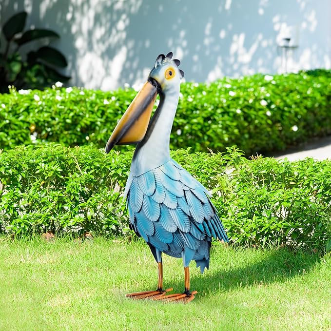 Metal Pelican Garden Statues, Light Blue Pelican Coastal Decor for Outdoor Yard Beach Lawn Patio Pool Display (Color-1)
