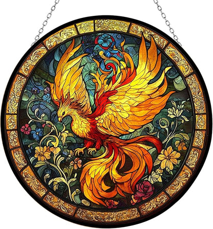 Sacred Phoenix Bird Suncatcher Stained Glass Window Hangings Sun Catchers Colorful Ornament Gifts for Women Mom Wife Halloween Christmas Housewarming 6.3”