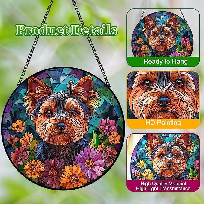 Yorkshire Terrier Stained Glass Suncatcher Dog Yorkie in Flowers Handmade Window Hangings Colored Glass Suncatcher Crafts Kits for Indoor Garden Home Decor Gift for Pet Lover Memorial (6.3in)