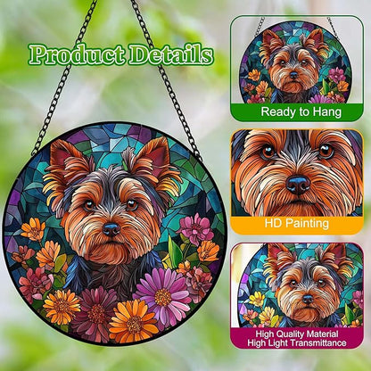 Yorkshire Terrier Stained Glass Suncatcher Dog Yorkie in Flowers Handmade Window Hangings Colored Glass Suncatcher Crafts Kits for Indoor Garden Home Decor Gift for Pet Lover Memorial (6.3in)
