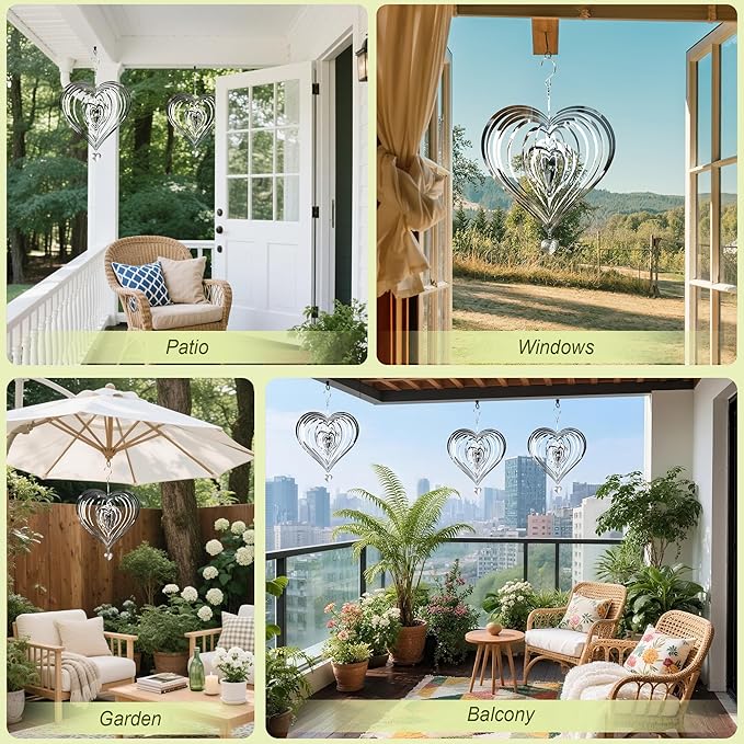 HOOSUN Metal Wind Spinners Outdoor for Yard and Garden Decor,Reflective Bird Deterrents for Outside Windows Patio Porch,Stainless Steel 3D Hanging Heart Wind Spinners Gifts for Mom Women
