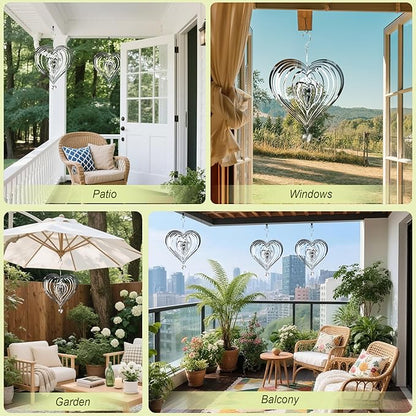 HOOSUN Metal Wind Spinners Outdoor for Yard and Garden Decor,Reflective Bird Deterrents for Outside Windows Patio Porch,Stainless Steel 3D Hanging Heart Wind Spinners Gifts for Mom Women