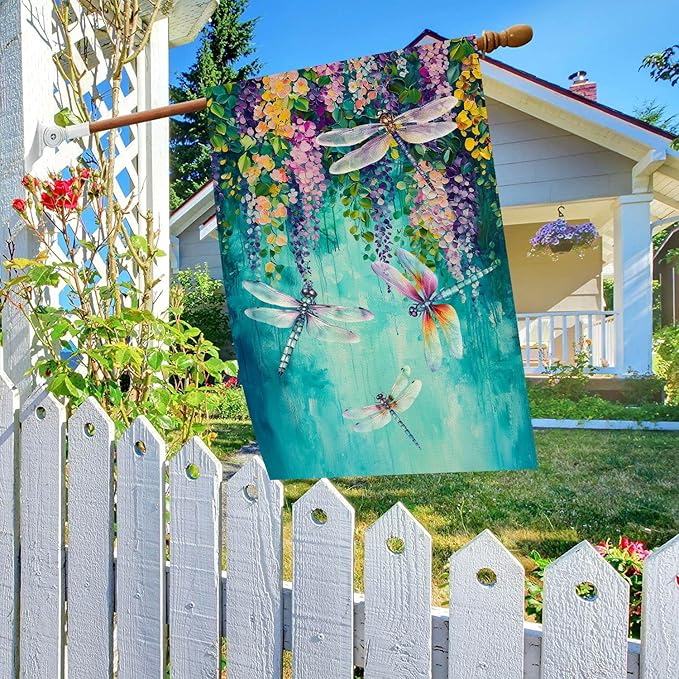 Baccessor Spring Summer Floral House Flag Double Sided 28x40 Inch Burlap,Wisteria Dragonfly Flowers Welcome Large Garden Flag Porch Patio Front Yard Seasonal Farmhouse Outside Outdoor Decor