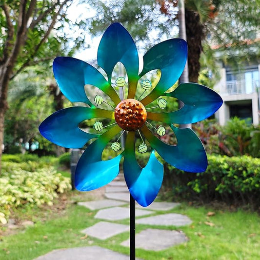 COOZZYHOUR Outdoor Metal Flower Wind Spinners,36 Inch Blue Flower Windmill with Stake,Pinwheels for Yard Lawn Patio and Garden Decor-Blue