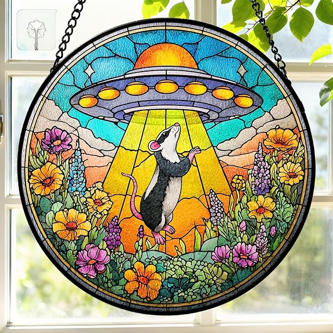 7.8 Inch Stained Glass Window Hanging UFO Mouse Sun Catcher Indoor Window Door Wall Yard Home Decor Stained Glass Ornament Colorful Glass Panel Suncatcher Gifts for Women Men Mom Art Lover Astronomer