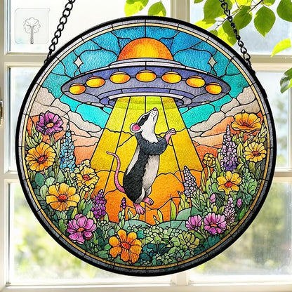7.8 Inch Stained Glass Window Hanging UFO Mouse Sun Catcher Indoor Window Door Wall Yard Home Decor Stained Glass Ornament Colorful Glass Panel Suncatcher Gifts for Women Men Mom Art Lover Astronomer