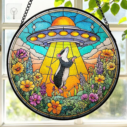 7.8 Inch Stained Glass Window Hanging UFO Mouse Sun Catcher Indoor Window Door Wall Yard Home Decor Stained Glass Ornament Colorful Glass Panel Suncatcher Gifts for Women Men Mom Art Lover Astronomer