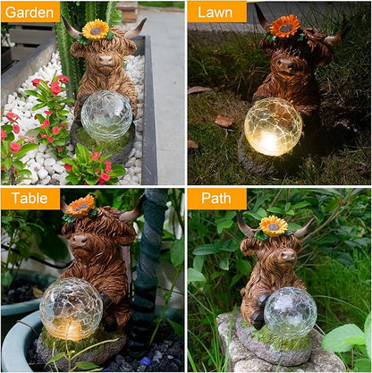 Highland Cow Outdoor Statue with Solar Transparent Ball for Garden Outside Yard Lawn Decor Highland Cow Figurine Porch Patio Balcony Home, Birthday Gifts for Mom Women