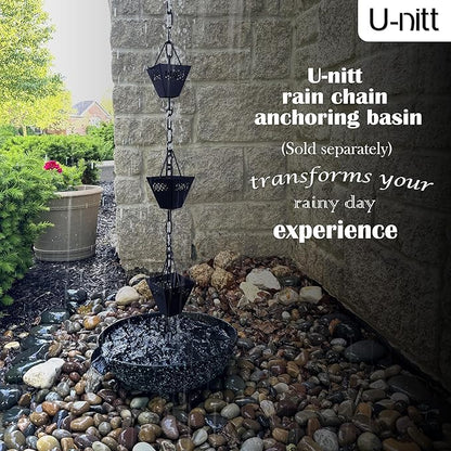 U-nitt Rain Chain Water Collection for Gutters, Rainwater Catcher & Diverter, 8.5 FT Chains for Outside Garden, Black Square Cups, Roof Downspout, Works with Heavy Rain, w/Gutter Clip for Rainchains