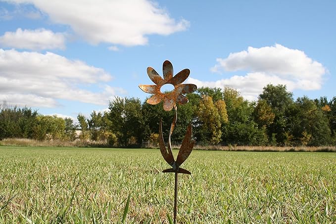 Metal Rustic and Colorful Flower Stakes Ranging from 9.5 to 36 Inches Tall (Twisted Daisy Stake 9.5" Tall, Naturally Rusted)