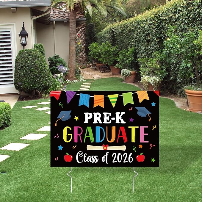 PRE-K Grad Yard Sign - Class of 2026 Preschool Graduate Lawn Sign with Stake School Congrats Graduation Decorations Colorful Graduation Party Favors Supplies Outdoor Photo Booth Props