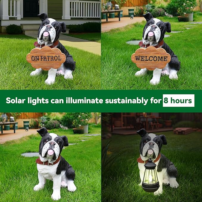 Outdoor English Bulldog Dog Statue with Interchangeable Welcome sign and Detachable Solar Lantern –LED Light Garden Dog Sculpture Décor Garden Statue Outdoor dog statue Cute Puppy Yard Porch Gift