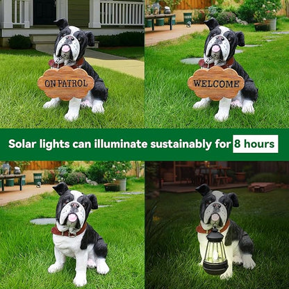 English Bulldog Garden Statue with Solar Lantern & Double-Sided Sign, 12.6" Resin Dog Figurine Outdoor Decor, Black and White Puppy Yard Art for Patio Porch Lawn Ornament, Dog Lover Gifts
