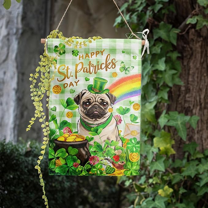 Pug St Patricks Day Garden Flag Dog St Patrick's Day Yard Flags for Outside 12x18 Double Sided Buffalo Plaid Shamrock Flag Small Outdoor Rainbow St Patrick's Decor