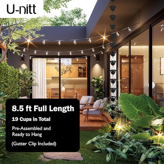 U-nitt Rain Chain Water Collection for Gutters Rainwater Catcher & Diverter, 8.5 FT Chains for Outside Garden, Black Square Cups, Roof Downspout, Works with Heavy Rain, w/Gutter Clip for Rainchains