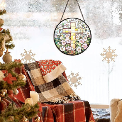 Christian Floral Suncatcher Stained Glass Cross Window Hanging Wall Decor, Christmas Religious Gifts for Women, Easter Religious Cross Garden Lawn Sun Catchers for Window Hanging Art,7.9x7.9In