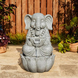 Glitzhome Outdoor Elephant Statues Garden Decorations 22" H, Zen-Style Meditative Elephant Sculpture Water Fountains LED Floor Standing Fountain Outside Elephant Statue with Birdbath for Yard Decor