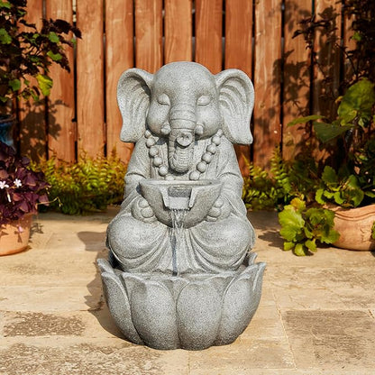 Glitzhome Outdoor Elephant Statues Garden Decorations 22" H, Zen-Style Meditative Elephant Sculpture Water Fountains LED Floor Standing Fountain Outside Elephant Statue with Birdbath for Yard Decor