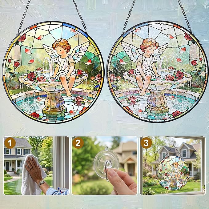 7.9 Inch Angel and Fountain Stained Glass Sun Catcher Christian Stained Glass Window Hanging Religious Sun Catcher Gifts for Mother Wall Room Decor Cottage Core Decor Decorations
