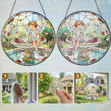 7.9 Inch Angel and Fountain Stained Glass Sun Catcher Christian Stained Glass Window Hanging Religious Sun Catcher Gifts for Mother Wall Room Decor Cottage Core Decor Decorations