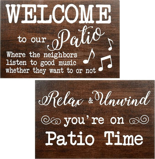 Yalikop 2 Pack Outdoor Patio Decor Signs Hanging Boho Wall Art Wood Outdoor Decorations for Patio Farmhouse Porch Backyard Welcome Deck Balcony for Home Front Accessories, 12 x 8 Inch(Brown)