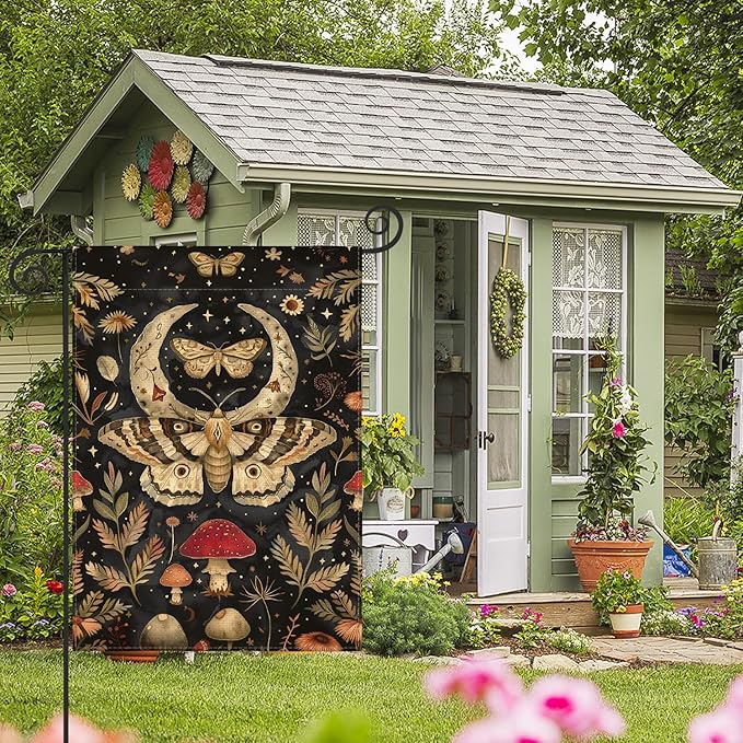 AVOIN colorlife Forest Garden Flag 12x18 Inch Double Sided Outside, Mushroom Moon and Moth Yard Outdoor Flag R034