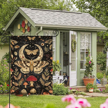 AVOIN colorlife Forest Garden Flag 12x18 Inch Double Sided Outside, Mushroom Moon and Moth Yard Outdoor Flag R034