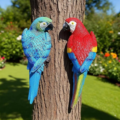 Teaeeno 2Pcs Resin Wall Bird Statue Decor,Real Parrot Sculpture Home Decor,Outdoor Indoor Figurine Ornaments-Garden Tree Sculpture,Resin Animal Statue for Garden, Terrace, Lawn, Yard