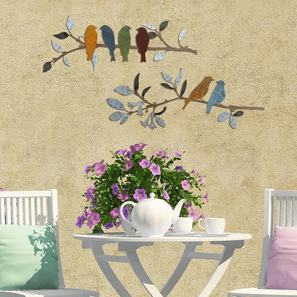 Demissle 2 Pcs Metal Birds Wall Art Decor Vivid Birds on Branch with Leaves Rustic Wall Decor Waterproof Metal Sculpture Hanging Sign for Home Balcony Garden Indoor Outdoor(Stylish Colors)
