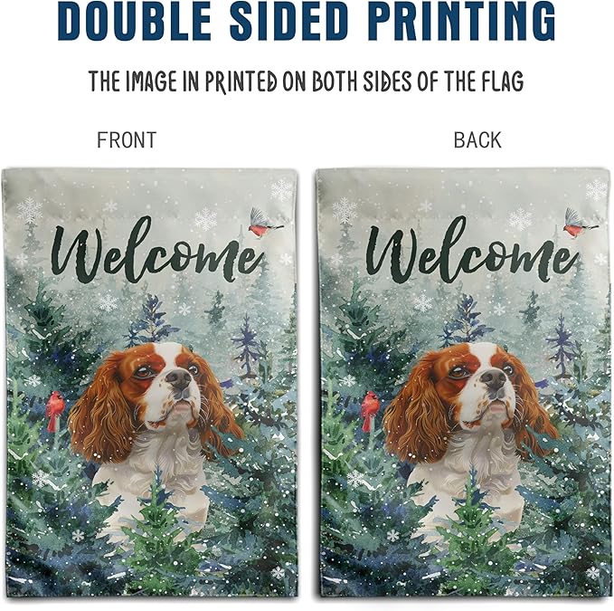 Welcome Winter Garden Flags Cavalier King Charles Spaniel Garden Flag Cardinal Birds on Snowy Pine Tree Flag Dog Yard Flags for Outside 12x18 Double Sided Christmas Decorative Lawn Flags