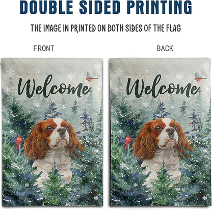 Welcome Winter Garden Flags Cavalier King Charles Spaniel Garden Flag Cardinal Birds on Snowy Pine Tree Flag Dog Yard Flags for Outside 12x18 Double Sided Christmas Decorative Lawn Flags