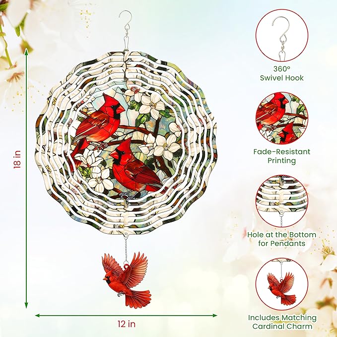 FLAGWIX Cardinal Gifts for Women Men - Cardinal Decor 3D Stainless Steel Wind Spinners Outdoor 12 in - Garden Spinners Outdoor, Cardinals Wind Spinner for Garden Decor, Gardening Gifts for Mom Grandma
