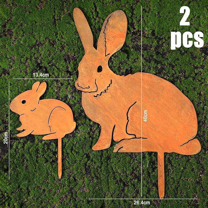 CroBlissful 2 Pack Mama and Baby Bunny Garden Stake, Metal Realistic Long Ear Rabbit Animal Stake Pack Decorative Garden Stakes Yard Art Flowerbed Outdoor Decoration, Rust