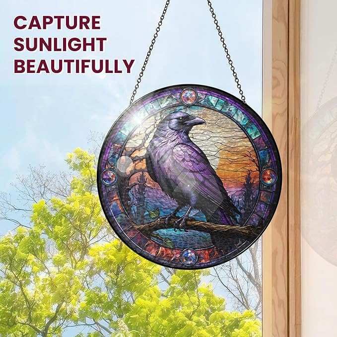 FLAGWIX Black Raven Decor - Crow Stained Glass Window Hanging 10 in - Black Crow Sun Catchers Indoor Window for Gothic Home Decor, The Raven Gifts for Women Friends Family