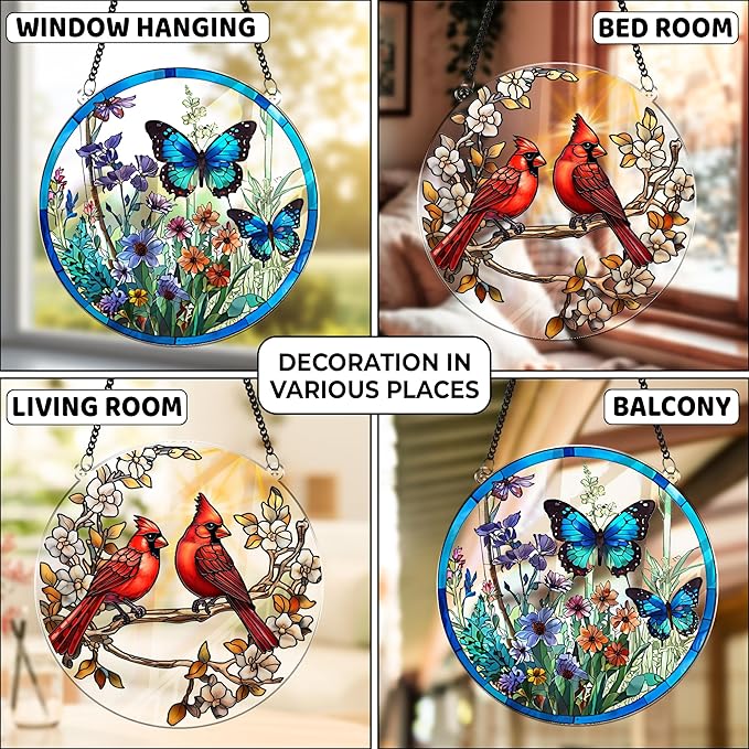 2 Cardinal Butterfly Acrylic Suncatchers, 6" Suncatchers for Window Hanging Indoor, Art Decor for Home, Garden, Housewarming, Gift for Mom, Grandma, Women, Friend, Bird Lover SCB-A6-B3