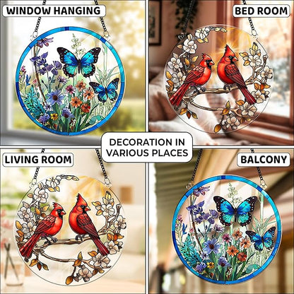 2 Cardinal Butterfly Acrylic Suncatchers, 6" Suncatchers for Window Hanging Indoor, Art Decor for Home, Garden, Housewarming, Gift for Mom, Grandma, Women, Friend, Bird Lover SCB-A6-B3