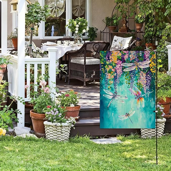 Baccessor Spring Summer Floral Garden Flag Double Sided 12.5 x 18 Inch Burlap with Clip and Stopper,Wisteria Dragonfly Welcome Flag Front Yard Lawn Seasonal Farmhouse Outside Outdoor Decoration