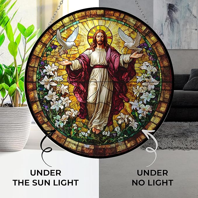 Jesus Suncatcher Indoor/Outdoor Stained Glass Window Hanging Handmade Suncatchers Home Decor Garden Christmas Party Wedding Housewarming Gifts