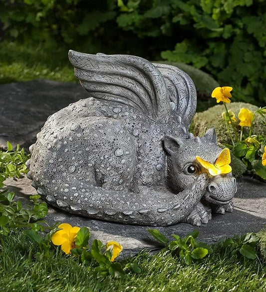 Evergreen Garden Baby Dragon Statue with Butterfly Solar Light | 8x7x6 Inches | Solar Dragon Garden Statues and Figurines Outdoor Indoor Decorations for Home