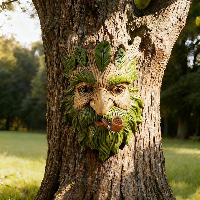 Whimsical Tree Face Garden Statues Outdoor Decor – Funny Old Man Tree Hugger Wall Sculpture with Pipe, Fairy Art Fence Hanging Resin Ornament, Outdoor Wall Mounted Sculpture for Patio Lawn & Home