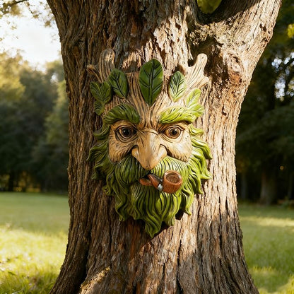 Whimsical Tree Face Garden Statues Outdoor Decor – Funny Old Man Tree Hugger Wall Sculpture with Pipe, Fairy Art Fence Hanging Resin Ornament, Outdoor Wall Mounted Sculpture for Patio Lawn & Home