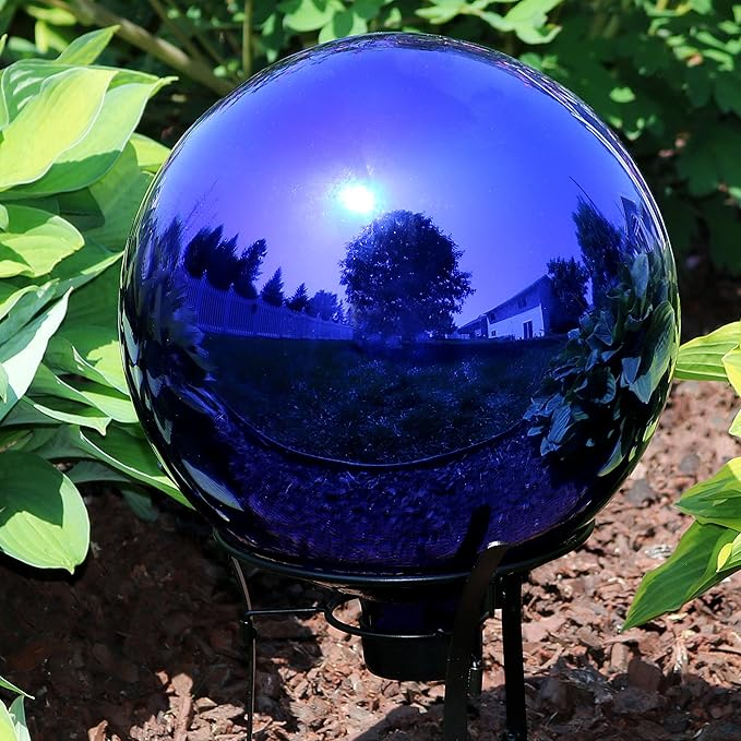 Sunnydaze 10-Inch Gazing Ball for Garden - Glass Gazing Globe with Mirrored Stainless Steel Finish - Blue