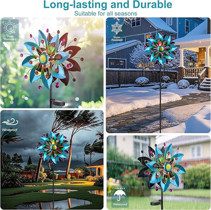 Solar Wind Spinners Outdoor - 58.8 inch Large Metal Kinetic Art Wind Sculptures Solar-Powered Multi-Color Lights Glass Ball with 360° Swivel Waterproof Windmill for Yard Garden Patio Lawn Decor