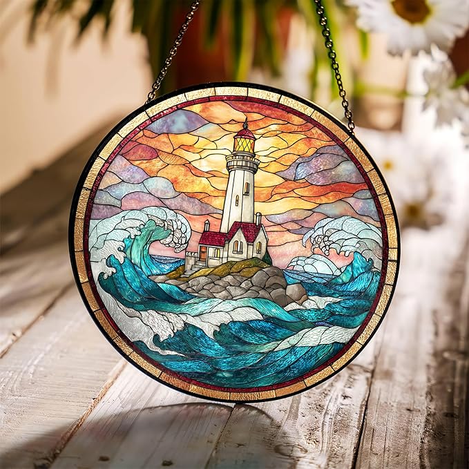 7.8" Lighthouse Suncatcher Stained Glass Window Hanging Ocean Light House Sun Catchers Blue Coastal Ornaments Wall Art Home Garden Room Door Decor Birthday for Women Men